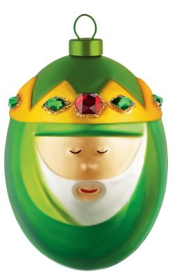 Alessi Weihnachtskugel Melchiorre Melchor, grüne Christbaumkugel mit Krone und Schmucksteinen.